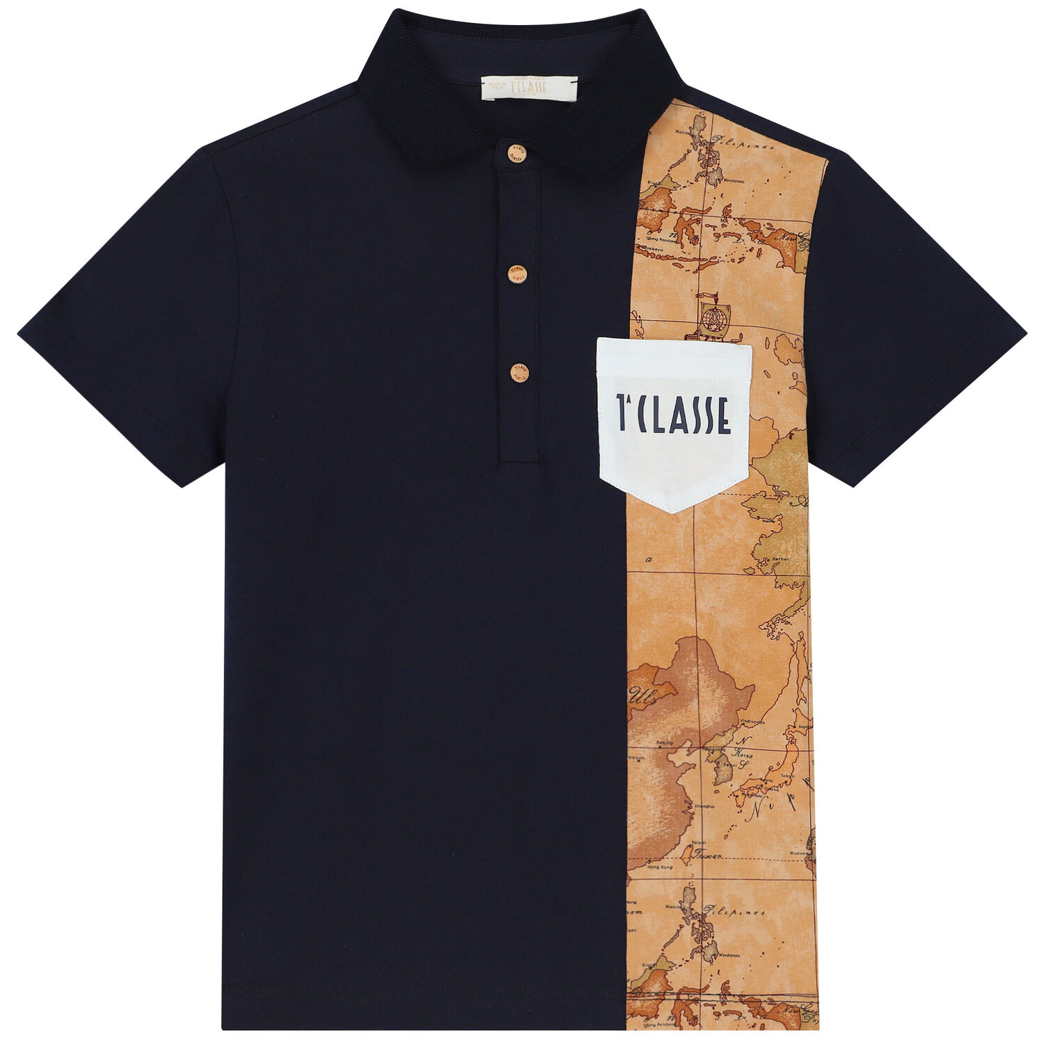 Boys Navy Blue & Beige Logo Geo Map Polo Shirt, 2, hi-res