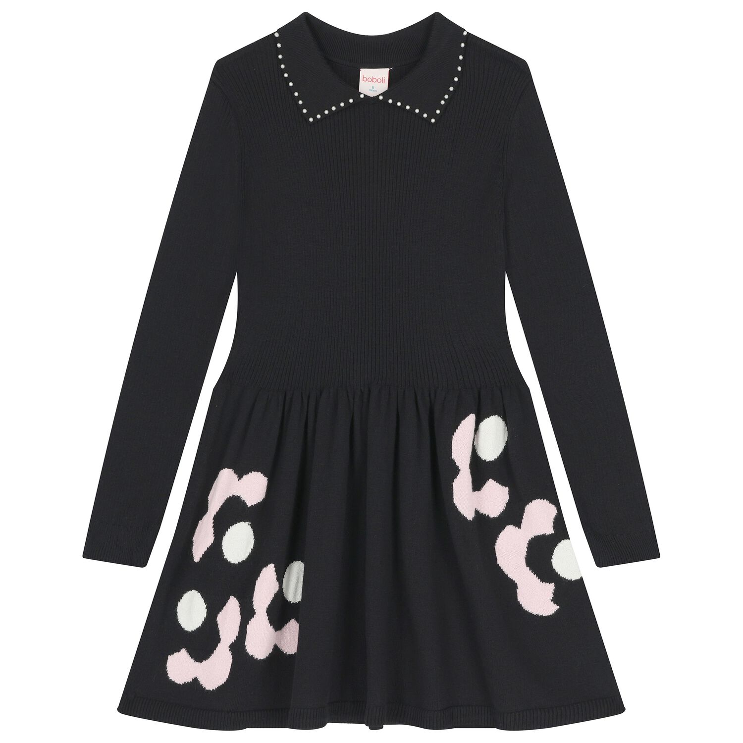 Girls Black Flower Knitted Dress, 1, hi-res