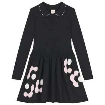Girls Black Flower Knitted Dress