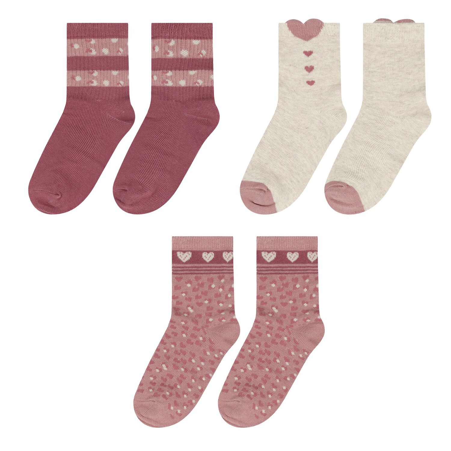 Girls Pink & Ivory Heart Socks (3 Pack), 1, hi-res image number null