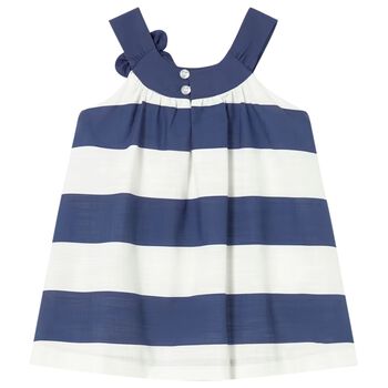 Younger Girls Ivory & Navy Blue Striped Dress