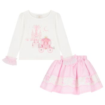 Girls Ivory & Pink Fairy Tale Castle Skirt Set 