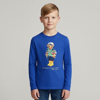 Boys Blue Polo Bear Long Sleeve Top
