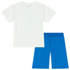 Boys White & Blue Teddy Logo Shorts Set, 1, hi-res