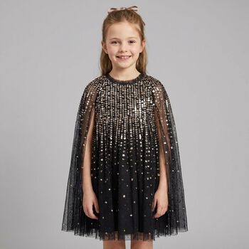 Girls Black Sequinned Tulle Cape Dress