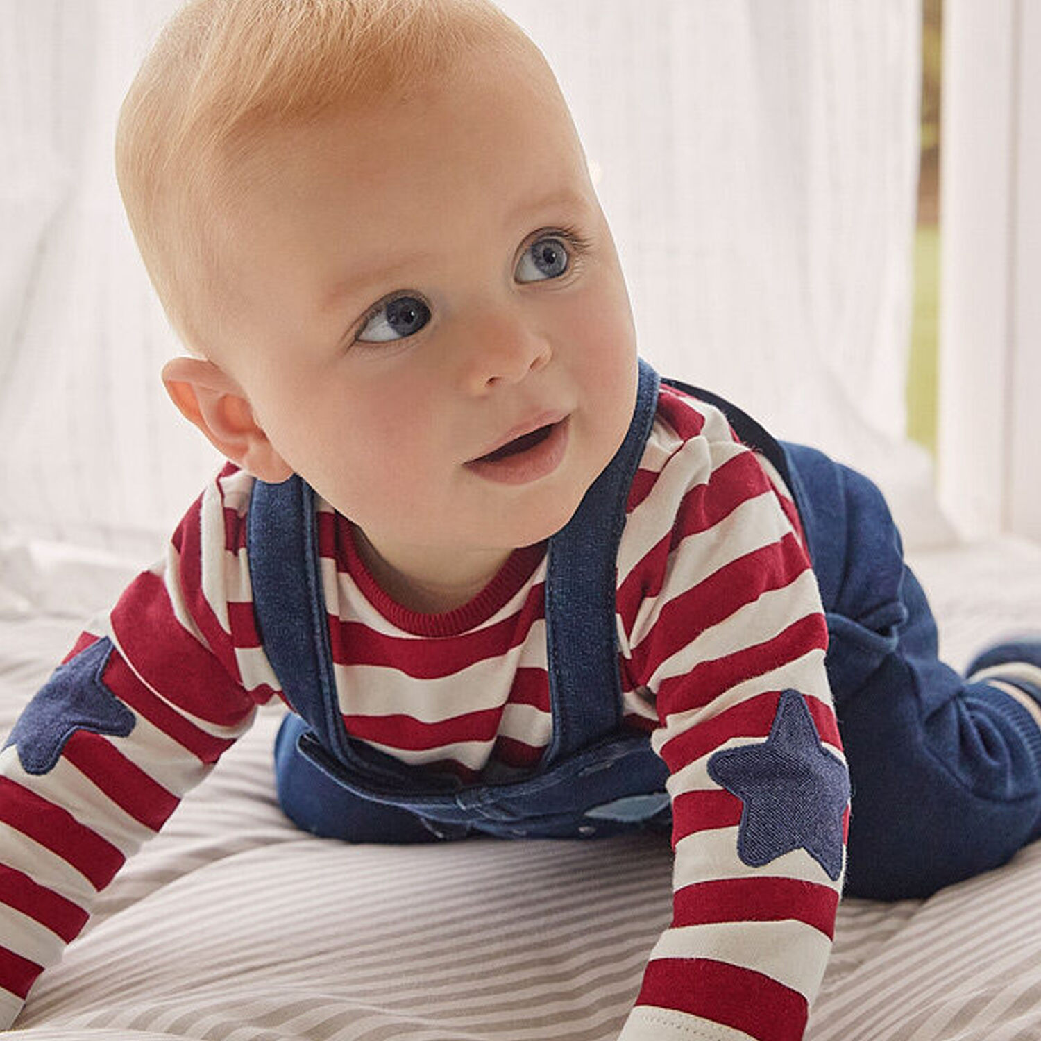 Baby Boys Ivory, Red & Blue Dungaree Set, 1, hi-res image number null