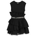 Girls Black Logo Pleated Organza Dress, 1, hi-res