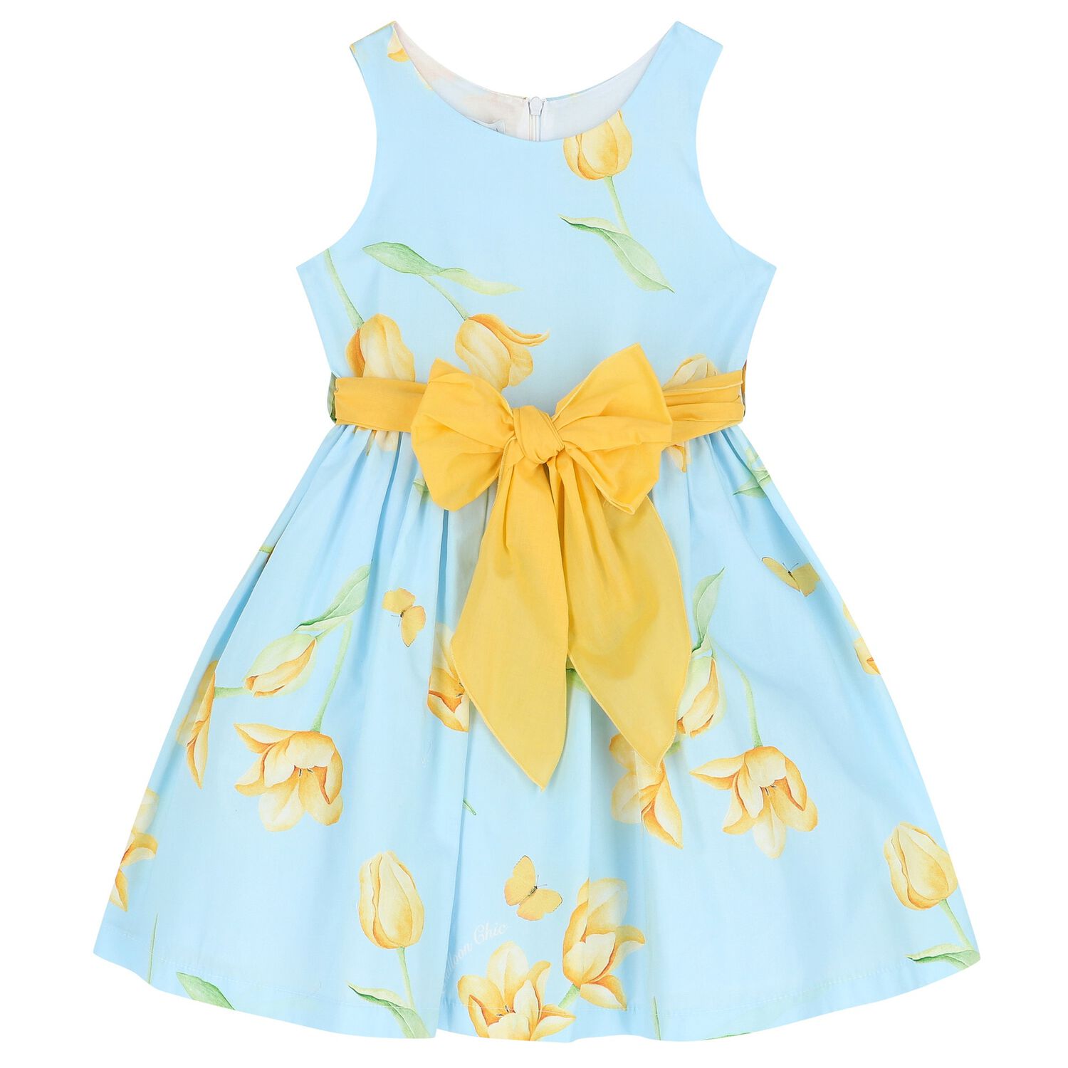 فستان بنات بفيونكة باللون الأزرق والأصفر, 1, hi-res