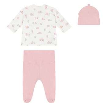 Baby Girls Ivory & Pink Bear Babysuit & Hat Gift Set