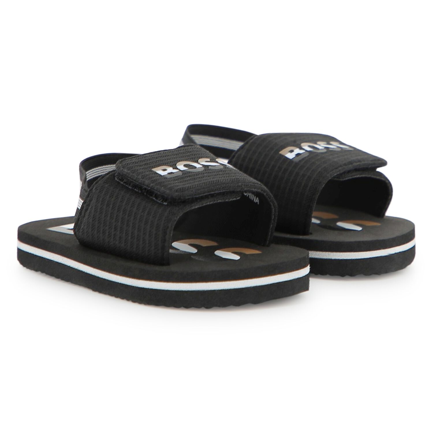 Boys Black Logo Sandals , 1, hi-res