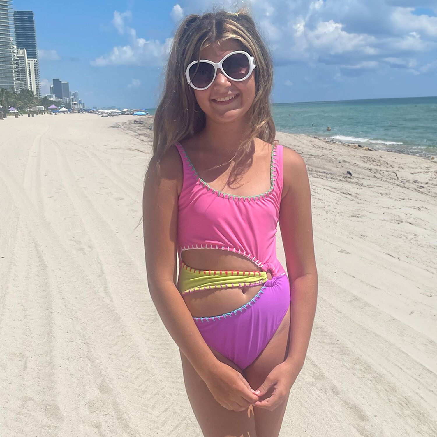 Girls Multi-Coloured Embroidered Swimsuit, 1, hi-res