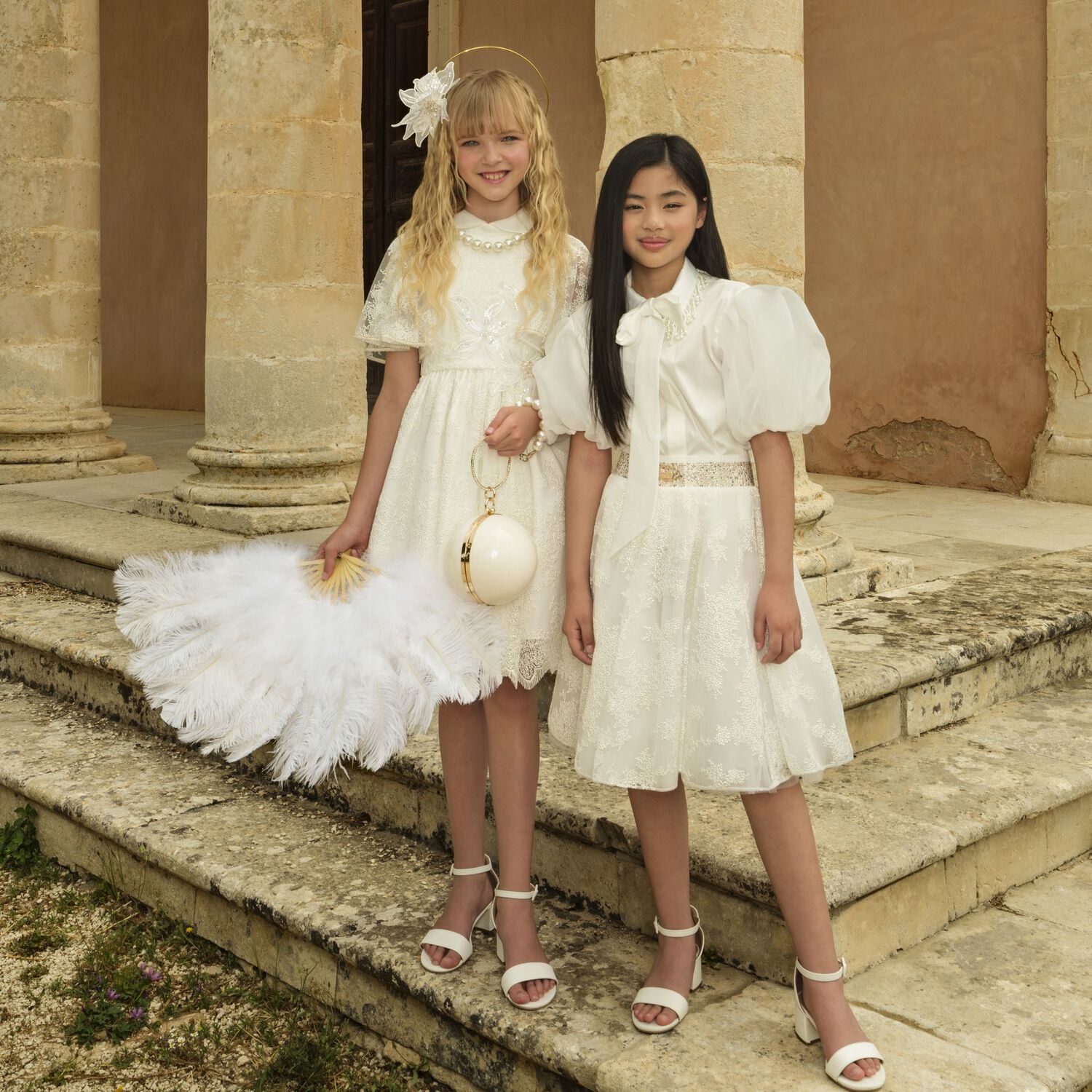Girls White Pearls Tulle Skirt Set, 1, hi-res image number null
