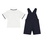 Baby Boys White & Navy Blue Logo Dungaree Set, 1, hi-res