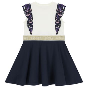 Girls Ivory & Navy Blue Ruffled Dress