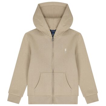 Boys Beige Logo Zip Up Hooded Top