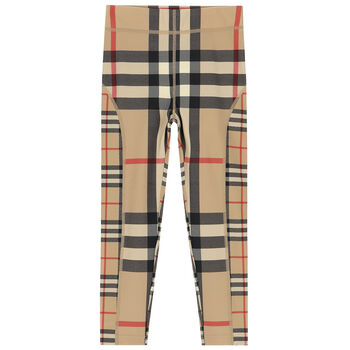 Girls Beige Checkered Leggings