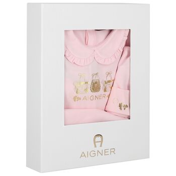 Baby Girls Pink & Gold Logo Babygrow, Hat & Bib Gift Set