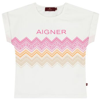 Aigner تيشيرت بنات بخطوط متعرجة باللون الأبيض, 1 تيشيرت بنات بخطوط متعرجة باللون الأبيض