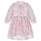 Girls Pink & Silver Jacquard Floral Dress, 1, hi-res