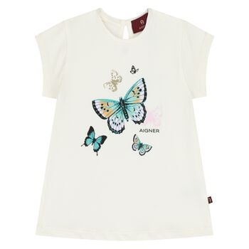 Younger Girls Ivory Butterflies Logo T-Shirt