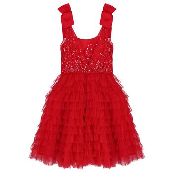 Girls Red Embellished Sequined Tulle Tiered Dress