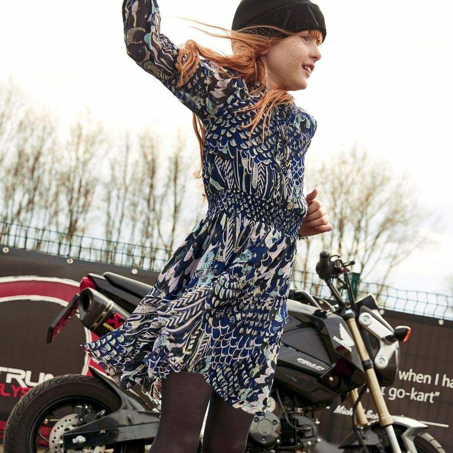 Girls Navy Blue Printed Dress, 1, hi-res