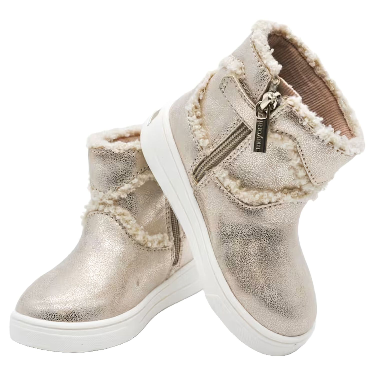 Younger Girls Gold Faux Fur Boots, 2, hi-res