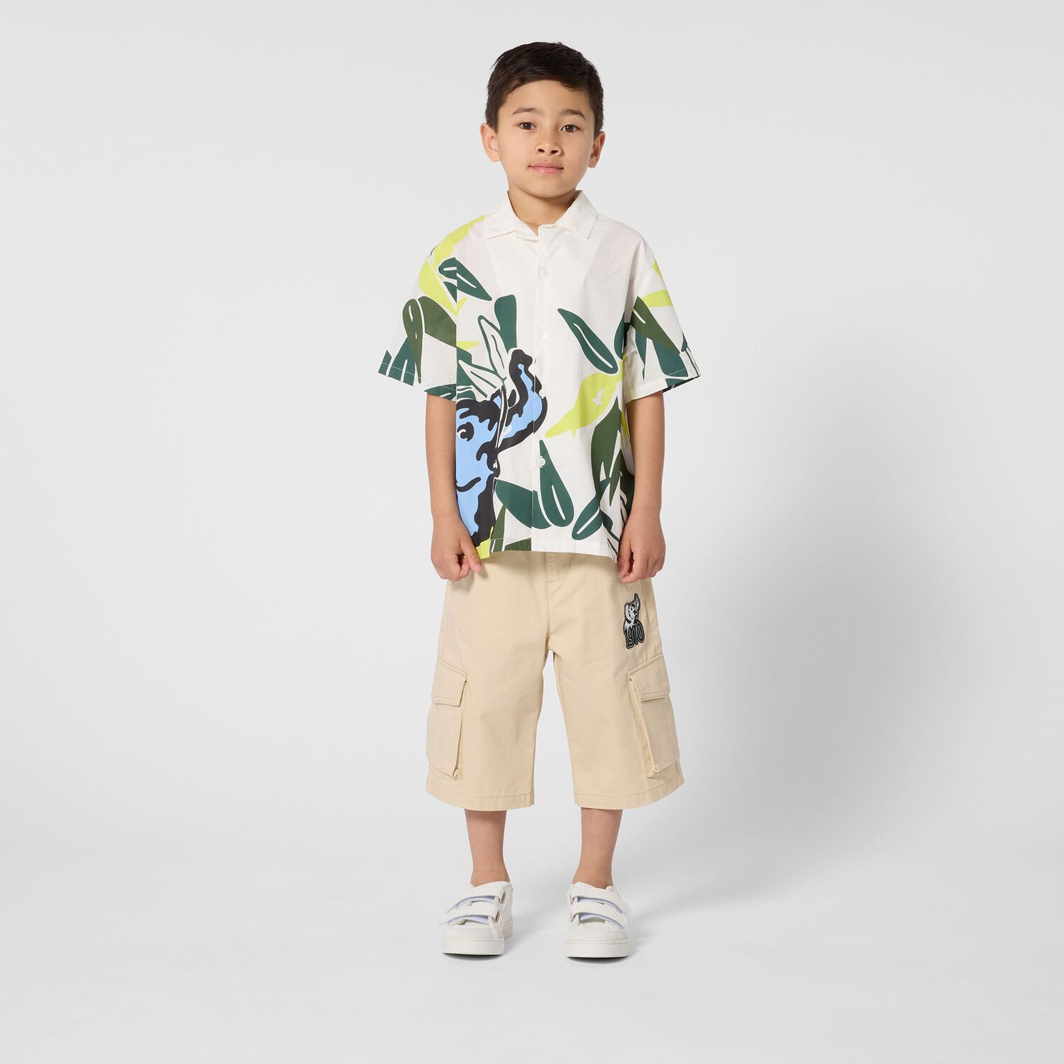 Boys Beige Elephant Logo Shorts, 1, hi-res