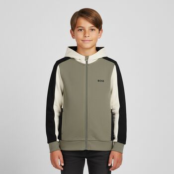 Boys Green, Black & Ivory Logo Hooded Zip Up Top
