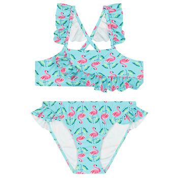 Girls Aqua Flamingo Print Bikini