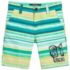 Boys Green Striped Shorts, 2, hi-res