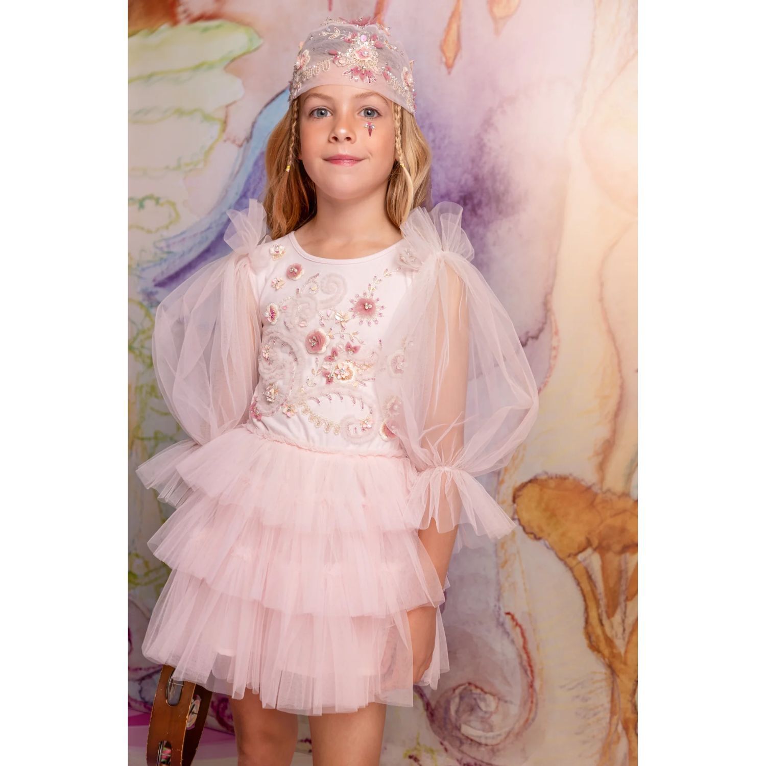 Girls Pink Embellished Tulle Dress, 1, hi-res
