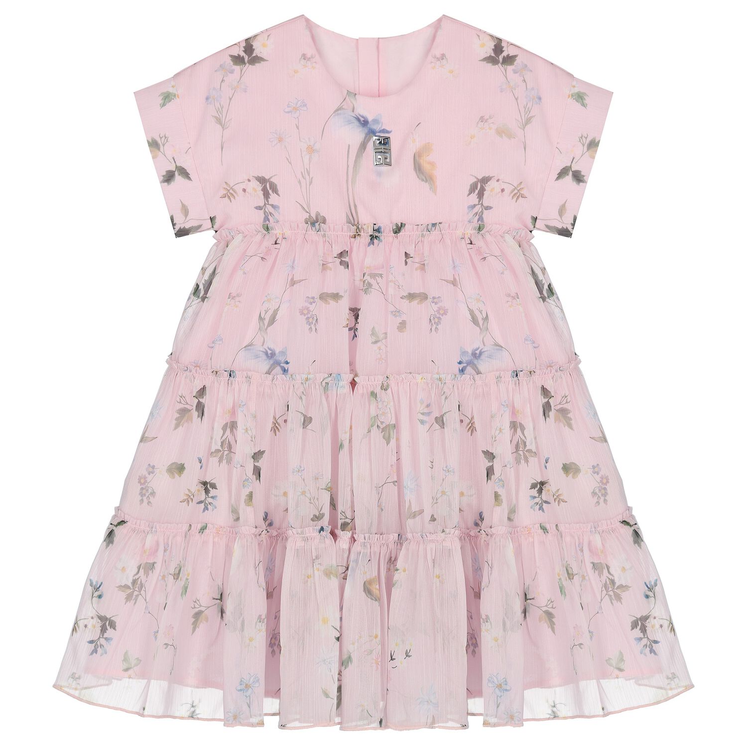 Girls Pink Floral Chiffon Tiered Dress, 1, hi-res