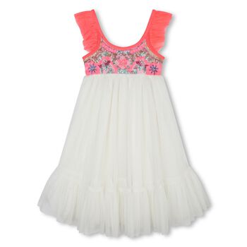 Girls White & Neon Pink Tulle Sequin Dress