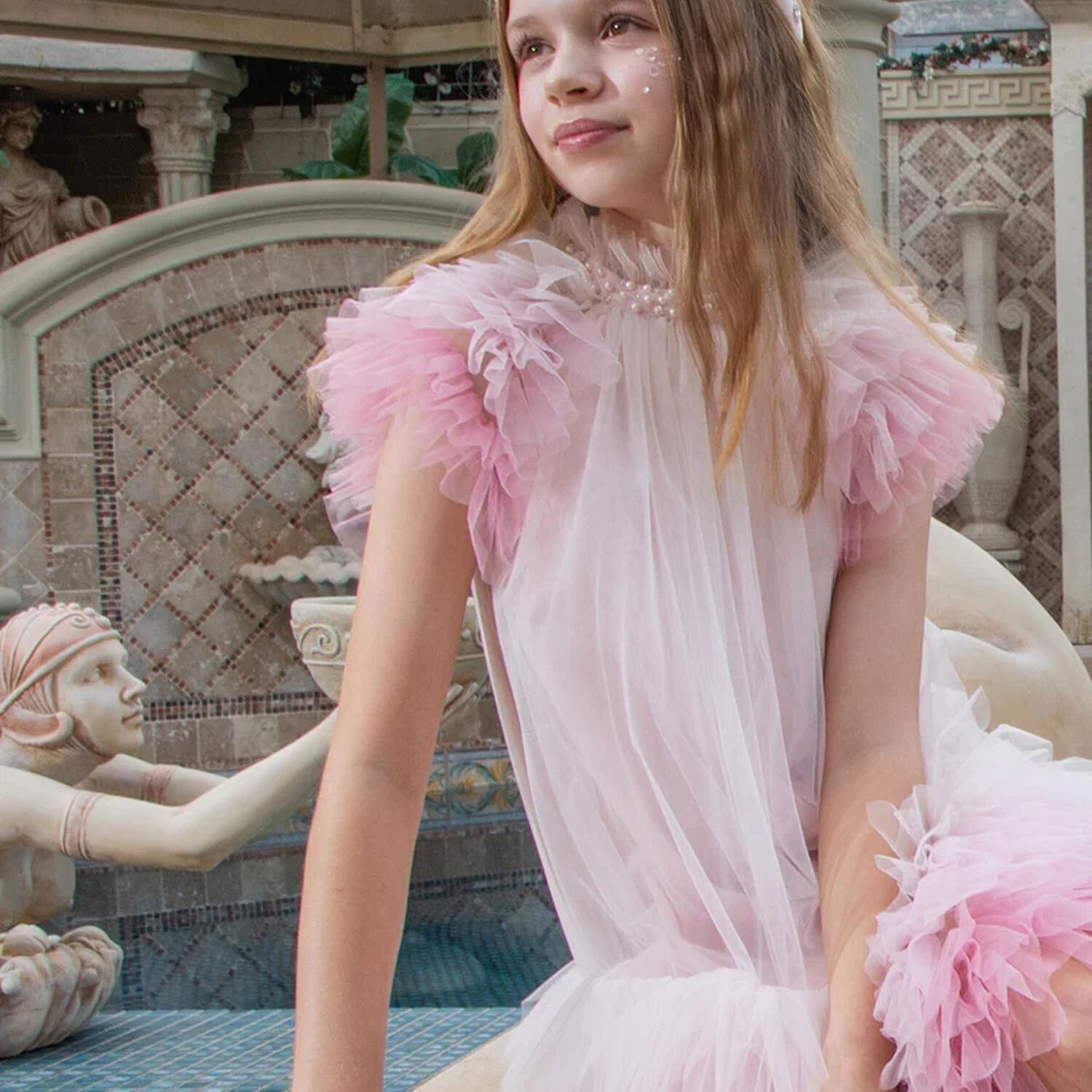 Girls Pink Embellished Tulle Dress, 1, hi-res