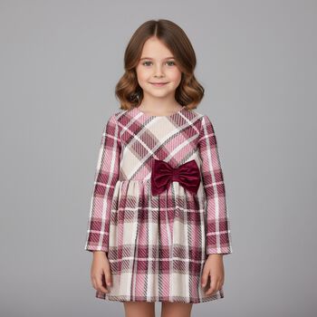 Girls Red & Beige Bow Tartan Dress