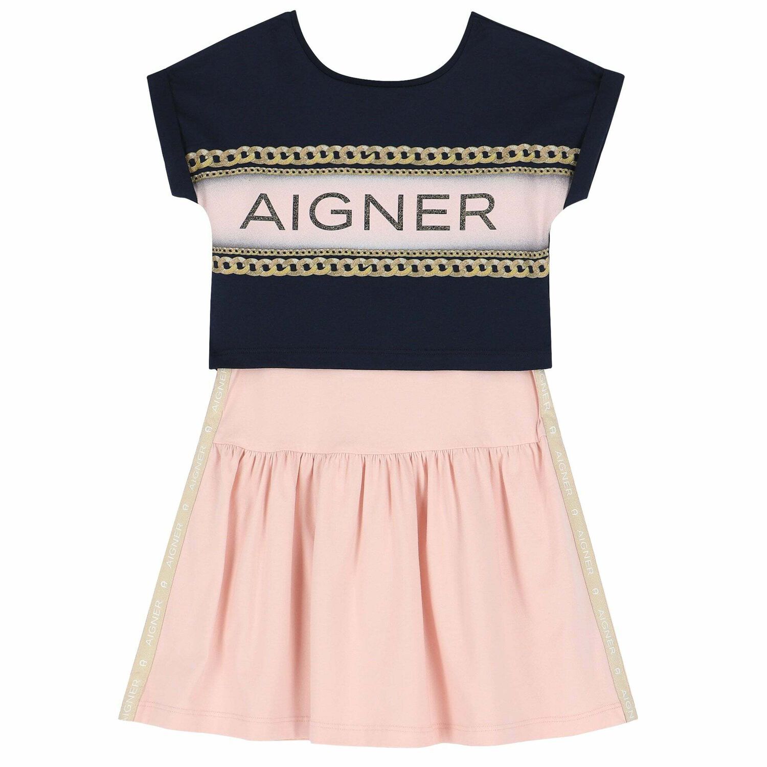 Girls Pink and Navy Blue Logo Dress Set, 2, hi-res