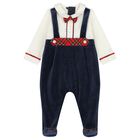 Baby Boys Ivory & Navy Blue Velour Babygrow, 1, hi-res