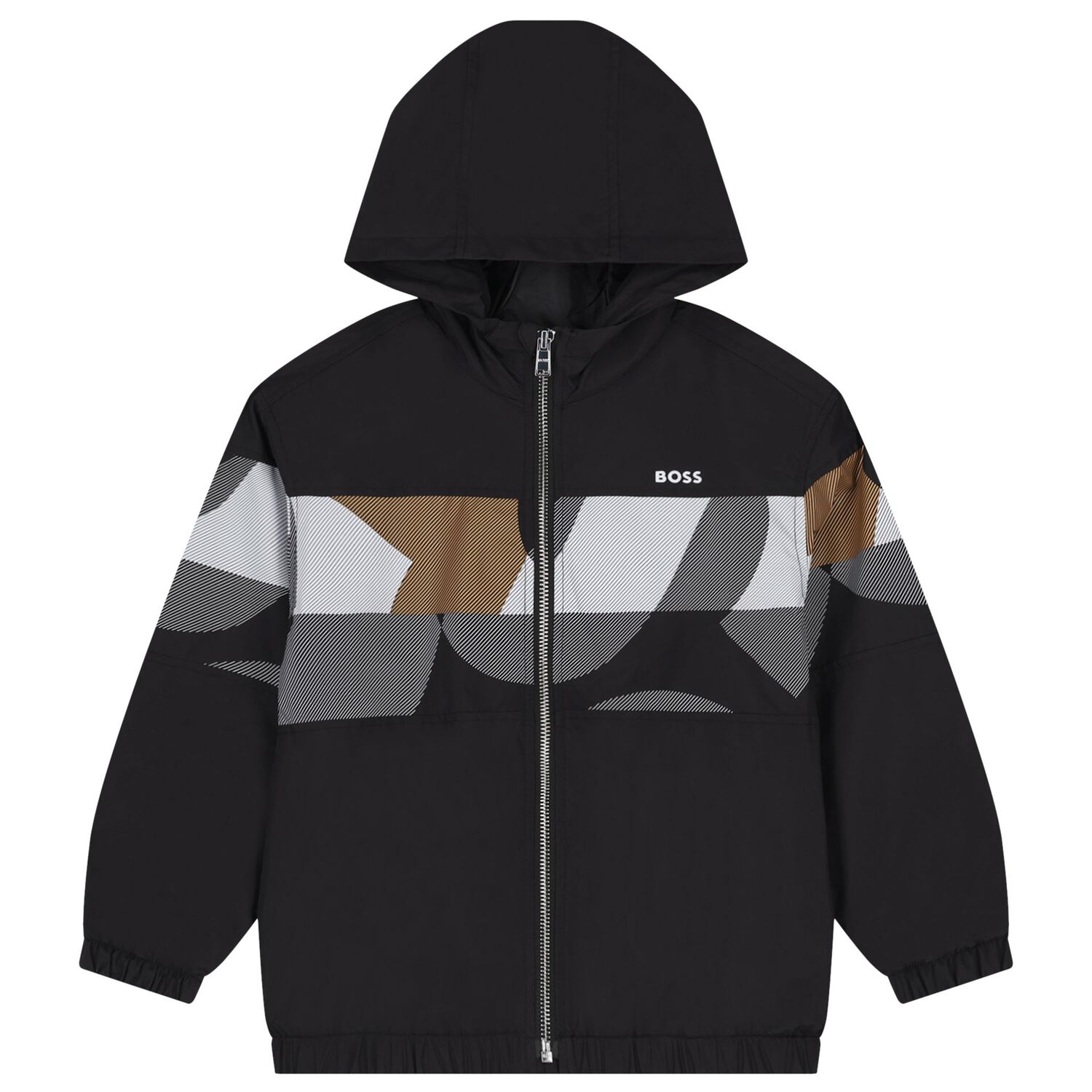 Boys Black Logo Hooded Zip Up Top, 1, hi-res