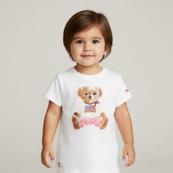 تي شيرت بولو بشعار دب باللون العاجي للبنات