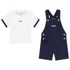 Baby Boys White & Navy Blue Logo Dungaree Set, 2, hi-res