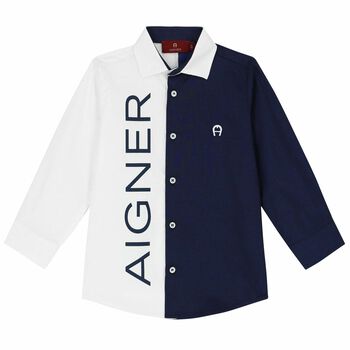 Boys White & Navy Logo Shirt