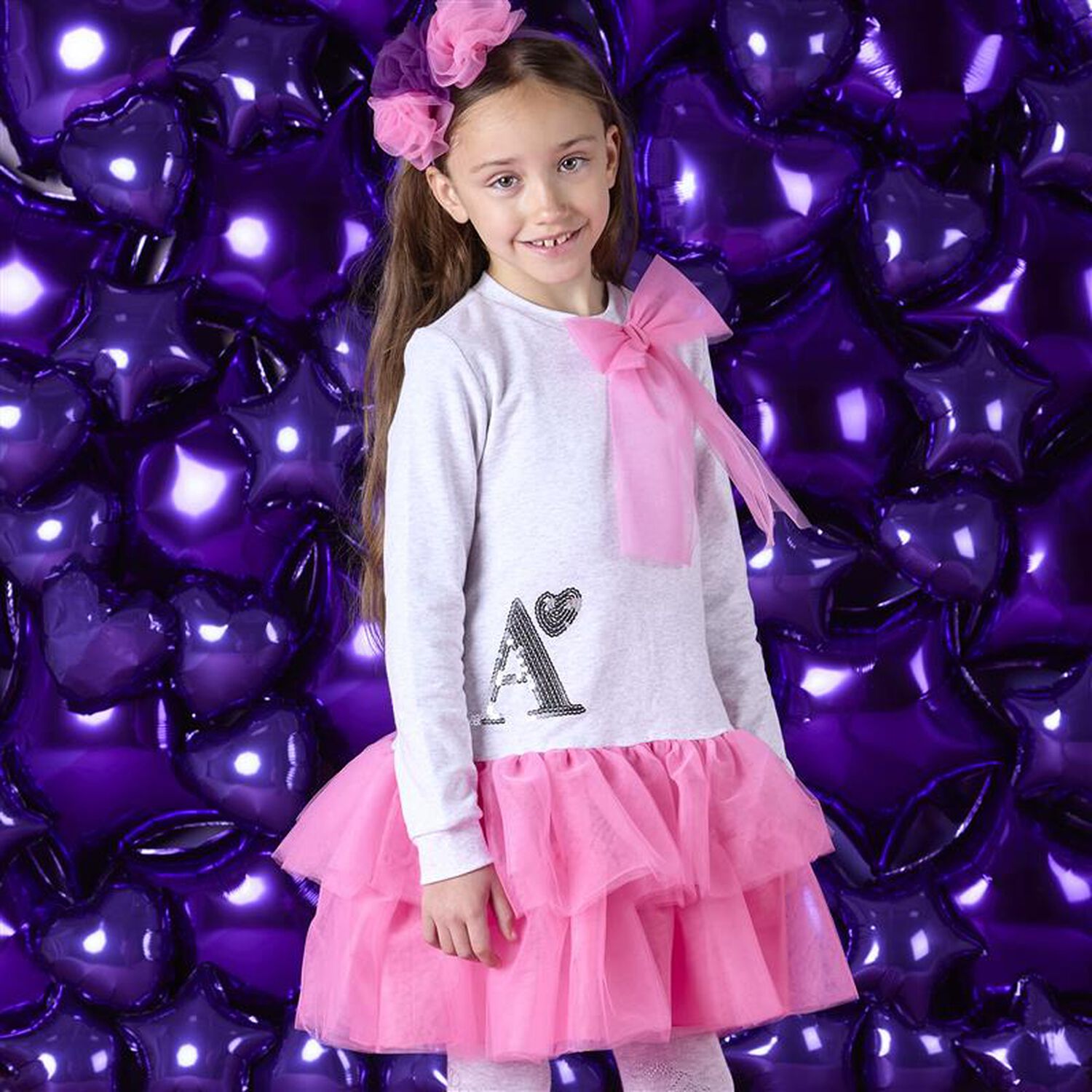 Girls Grey & Pink Logo Tulle Dress, 1, hi-res