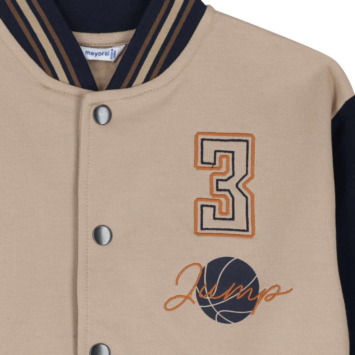 Boys Beige & Navy Blue Basketball Bomber Jacket, 1, hi-res