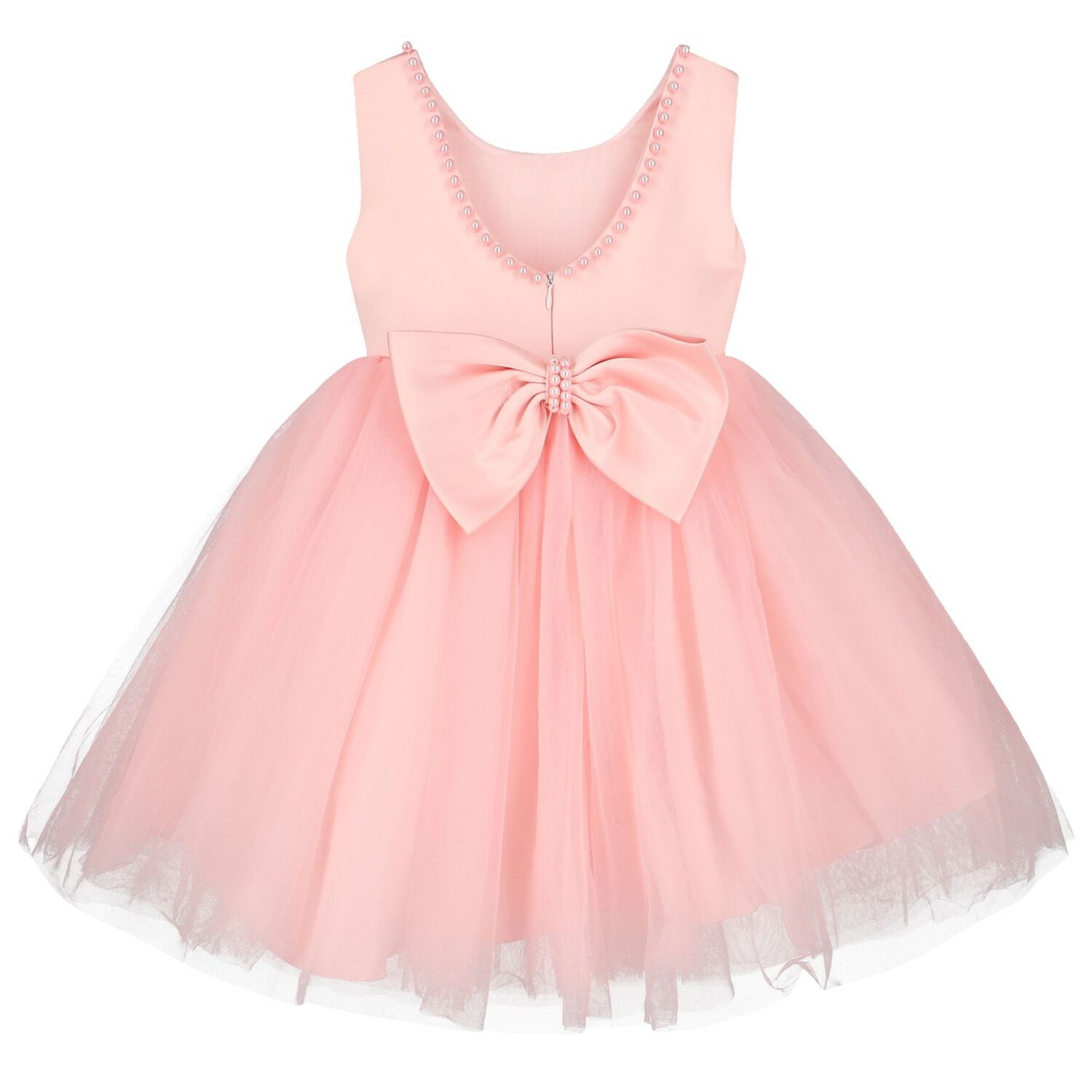 Girls Pink Bow Tulle Dress, 1, hi-res