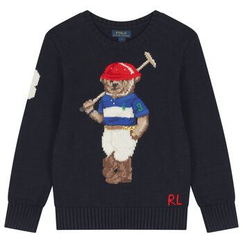 Boys Navy Blue Polo Bear Logo Knitted Sweatshirt