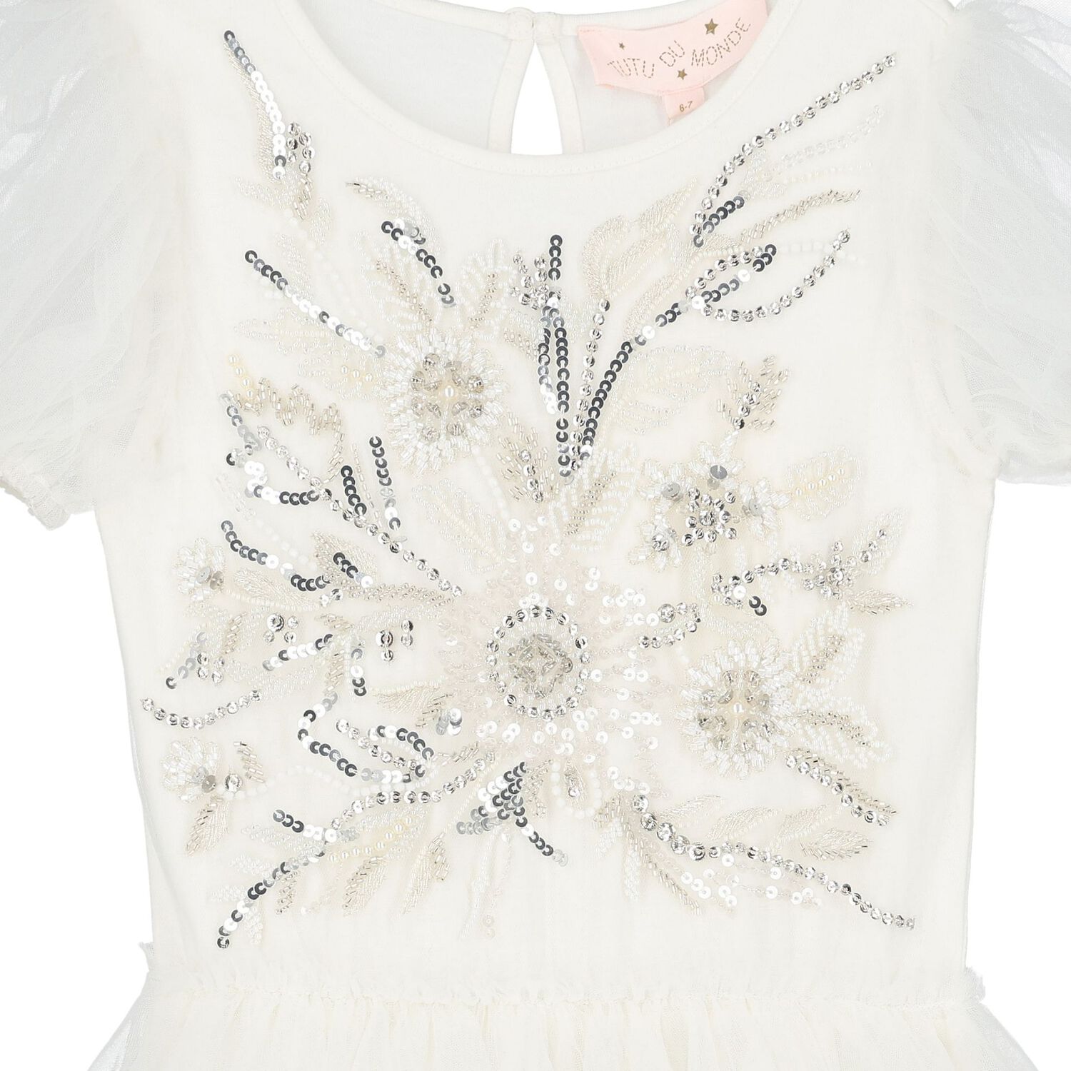 فستان تول باللون أبيض مزخرف للبنات, 1, hi-res image number null