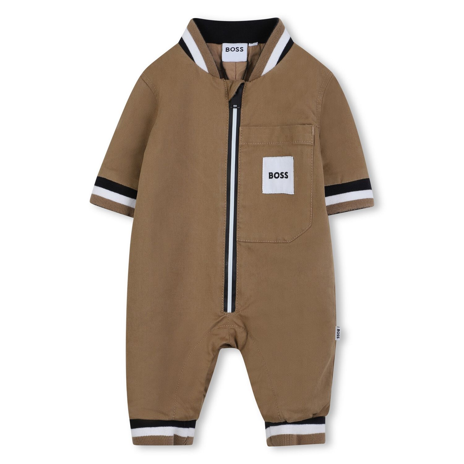 Baby Boys Beige Logo Romper, 1, hi-res