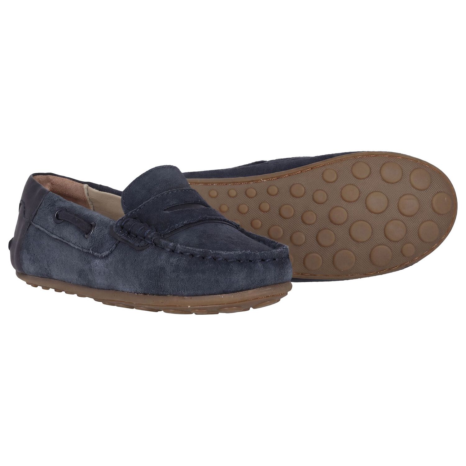 Boys Navy Blue Suede Leather Moccasins , 2, hi-res