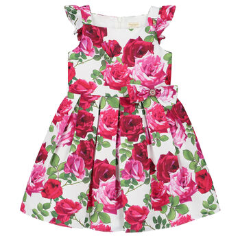Girls White & Pink Rose Satin Dress